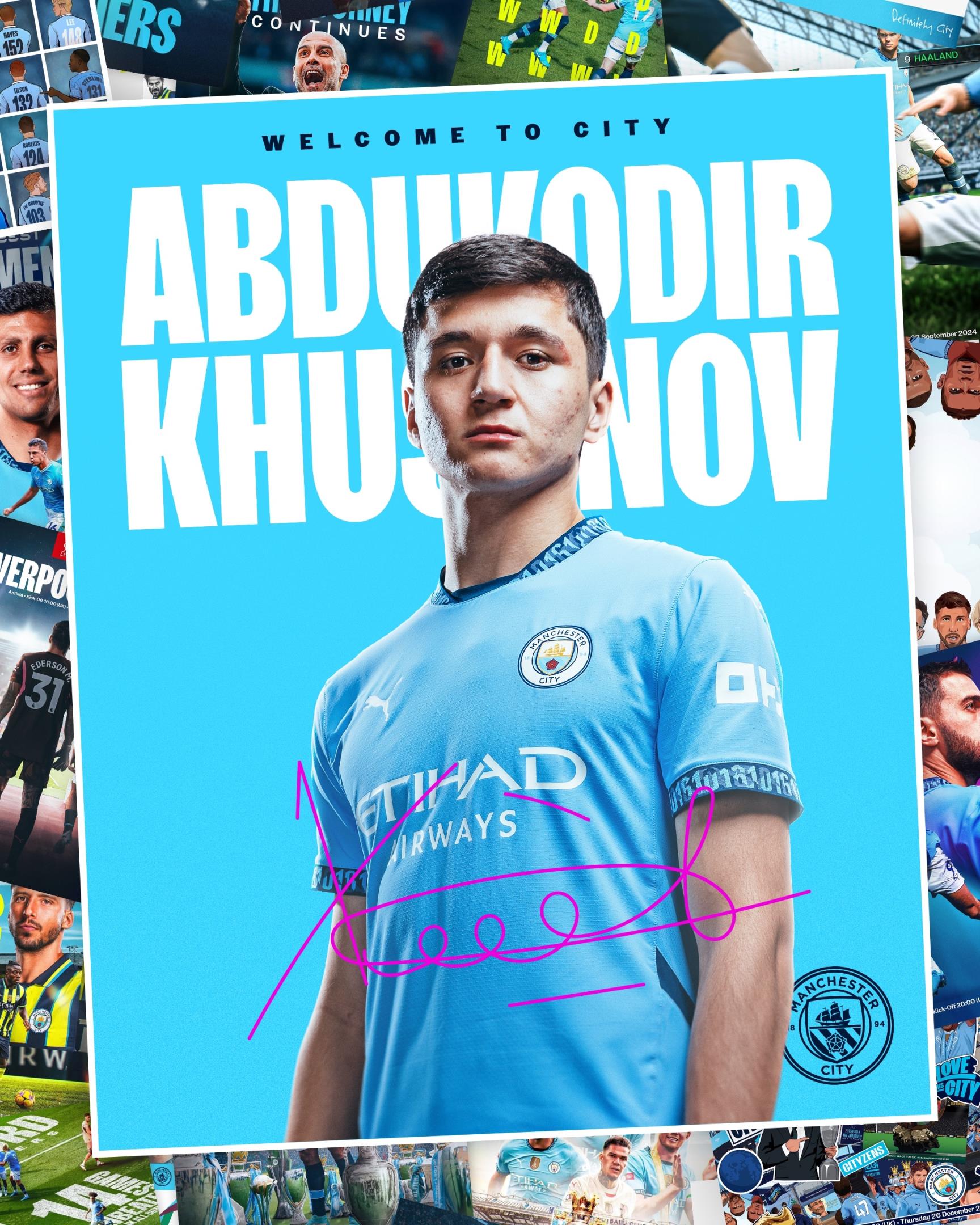 官方：曼城簽下20歲烏茲別克中衛(wèi)胡桑諾夫，轉(zhuǎn)會費總價5000萬歐